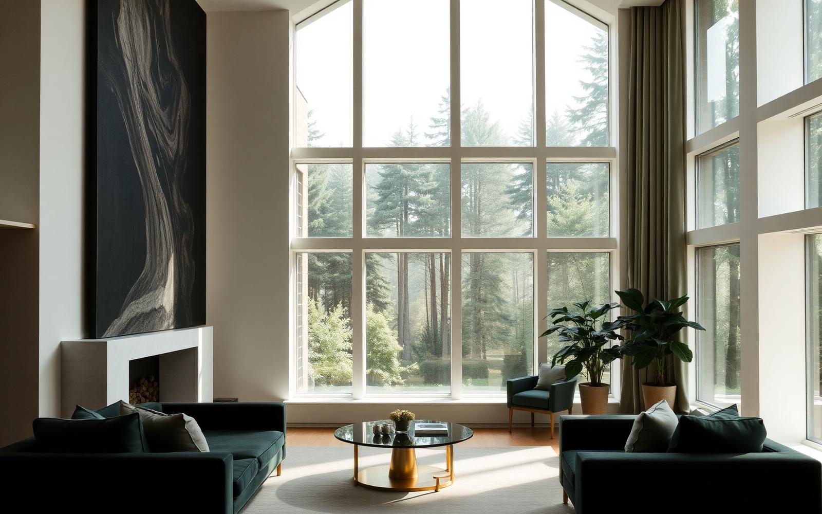 A living room opening onto forest